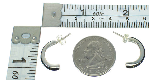 Southwestern Sterling Silver Jet Inlay Post Hoop Earrings RX65742