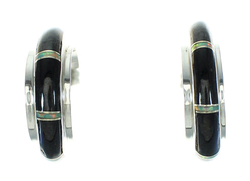 Genuine Sterling Silver Jet Opal Inlay Post Hoop Earrings RX65756