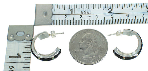 Genuine Sterling Silver Jet Opal Inlay Post Hoop Earrings RX65756