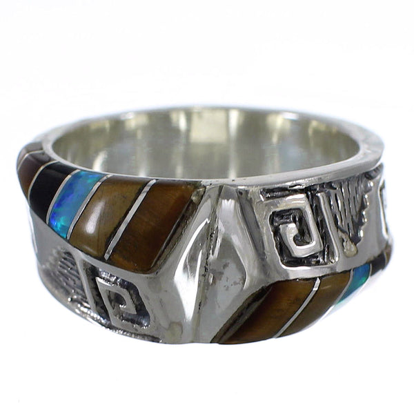 Genuine Sterling Silver Multicolor Inlay Water Wave Ring Size 5-1/4 RX82123