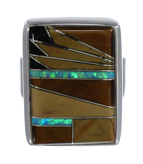 Authentic Sterling Silver And Mulitcolor Inlay Ring Size 6 RX82175