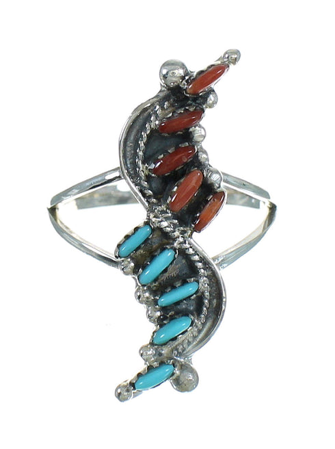 Turquoise And Coral Needlepoint Sterling Silver Southwestern Ring Size 7-1/2 WX74830