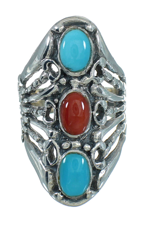 Turquoise And Coral Southwestern Sterling Silver Ring Size 7-3/4 WX74855