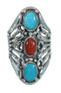 Turquoise And Coral Southwestern Sterling Silver Ring Size 7-3/4 WX74855