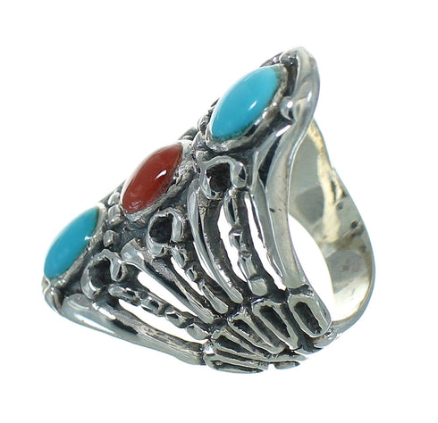 Turquoise And Coral Southwestern Sterling Silver Ring Size 7-3/4 WX74855