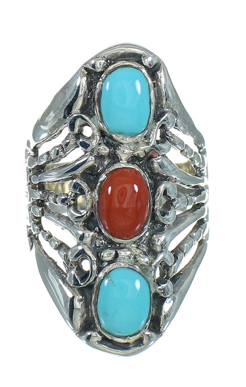 Coral And Turquoise Sterling Silver Southwestern Ring Size 7-3/4 WX74893
