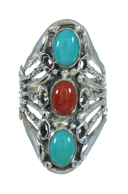 Southwest Sterling Silver Coral And Turquoise Ring Size 5-1/2 WX74899