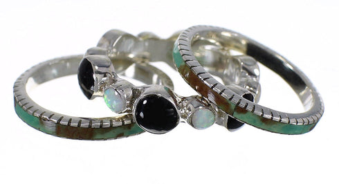 Southwestern Sterling Silver Multicolor Stackable Ring Set Size 5-3/4 QX76189