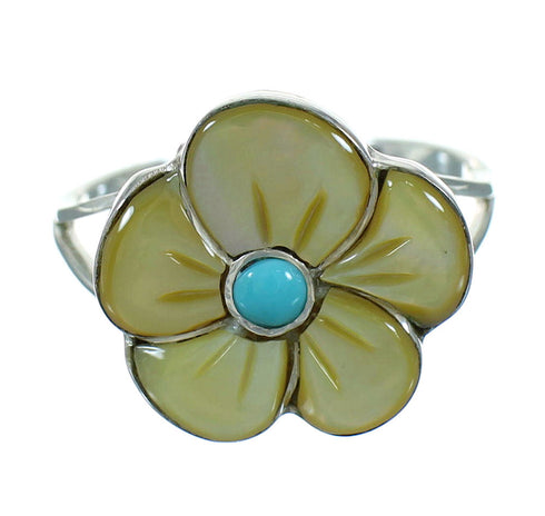 Turquoise And Yellow Mother Of Pearl Flower Sterling Silver Southwest Ring Size 7 YX67149