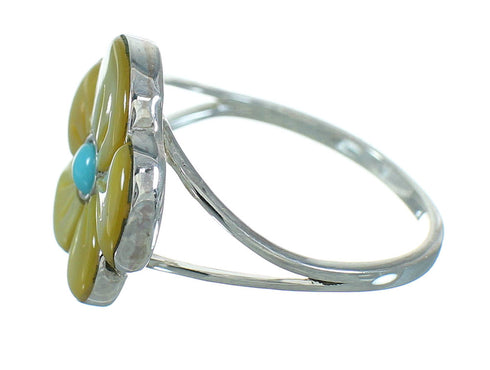 Turquoise And Yellow Mother Of Pearl Flower Sterling Silver Southwest Ring Size 7 YX67149