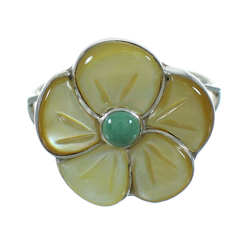 Southwest Turquoise And Yellow Mother Of Pearl Flower Genuine Sterling Silver Ring Size 5-1/4 YX67166