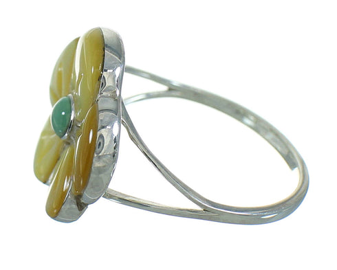Southwest Turquoise And Yellow Mother Of Pearl Flower Genuine Sterling Silver Ring Size 5-1/4 YX67166