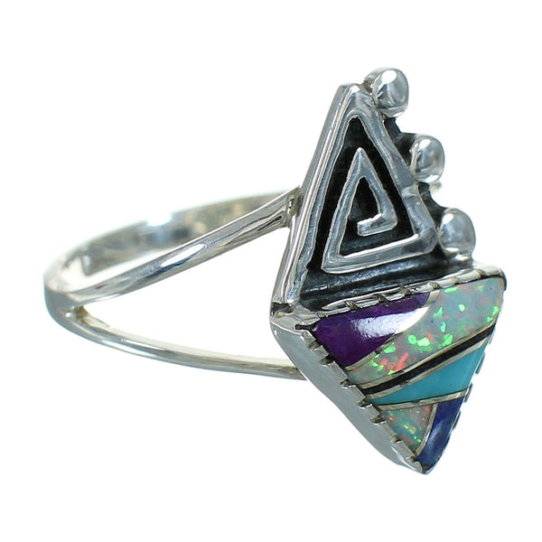 Multicolor Inlay Sterling Silver Southwest Water Wave Ring Size 6-1/4 AX80332