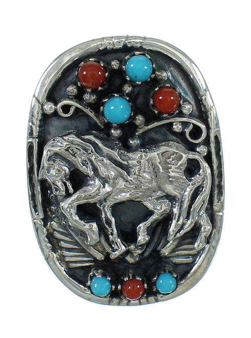 Silver Southwest Turquoise Coral Horse Ring Size 5 QX72515