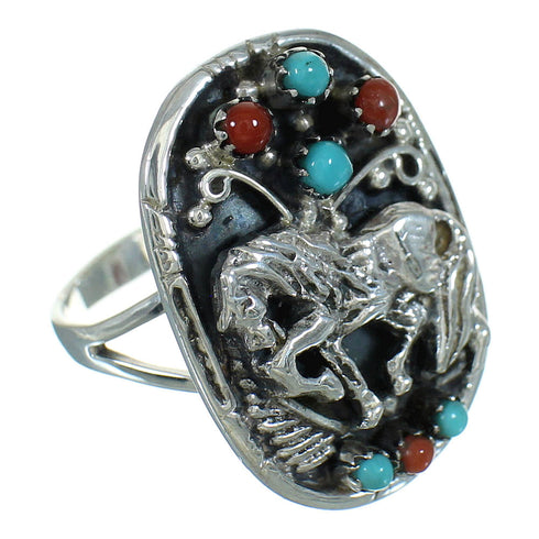 Horse Silver Southwest Turquoise Coral Ring Size 6-1/4 QX72528