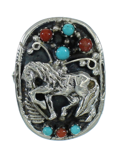 Horse Genuine Sterling Silver Southwestern Turquoise Coral Ring Size 8-3/4 QX72536