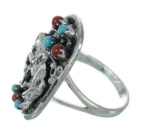 Horse Sterling Silver Southwestern Turquoise Coral Ring Size 7-1/4 QX72531