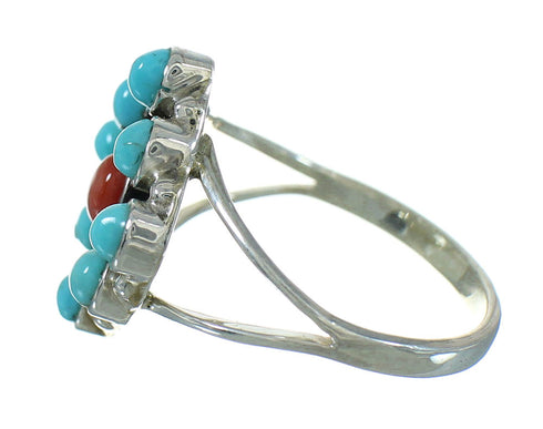 Silver Southwest Turquoise Coral Ring Size 7-3/4 QX73687