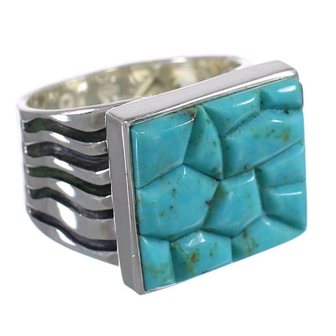 Southwestern Turquoise Inlay And Genuine Sterling Silver Ring Size 7-1/2 YX68754
