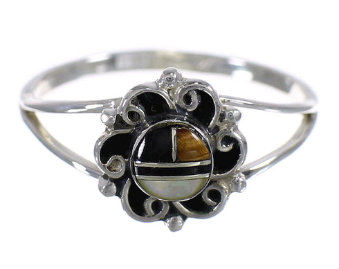 Southwestern Sterling Silver Multicolor Inlay Ring Size 5 AX80655
