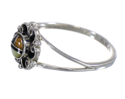 Southwestern Genuine Sterling Silver Multicolor Inlay Ring Size 6-3/4 AX80648