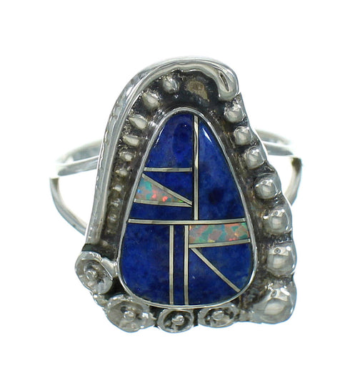 Silver Lapis And Opal Southwestern Flower Ring Size 6-1/2 YX81822