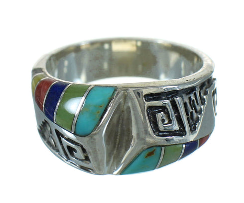 Southwest Genuine Sterling Silver Water Wave Multicolor Inlay Ring Size 6 QX74625