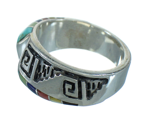 Southwestern Genuine Sterling Silver Water Wave Multicolor Inlay Ring Size 7 QX74626