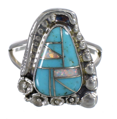 Silver Turquoise Opal Southwest Flower Ring Size 6-1/4 YX83210