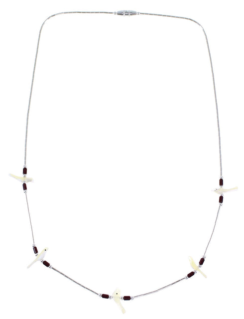 Jasper And Mother Of Pearl Bird Fetish Liquid Silver Necklace WX69171