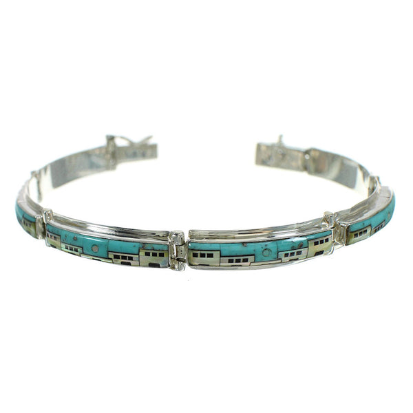 Native American Village Design Multicolor Authentic Sterling Silver Link Bracelet RX68405
