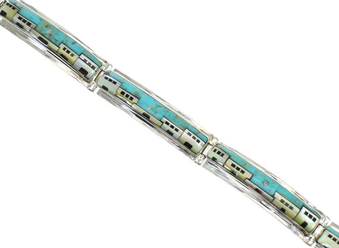 Sterling Silver Native American Pueblo Design Multicolor Link Bracelet RX68406