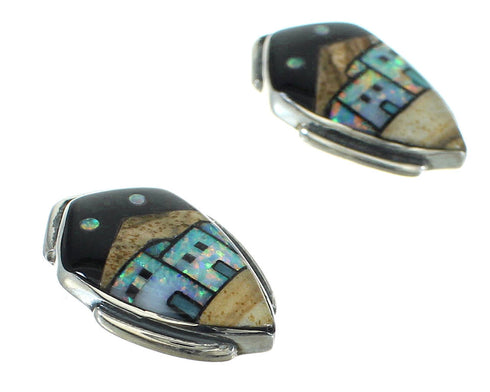 Native American Village Design Multicolor Silver Post Earrings YX71370