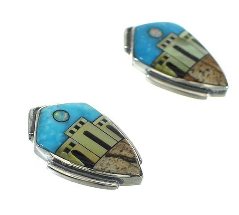 Multicolor Sterling Silver Native American Village Design Southwestern Post Earrings YX71382
