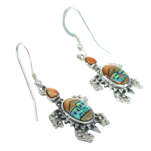 Native American Village Design Multicolor Silver Turtle Hook Dangle Earrings YX71415