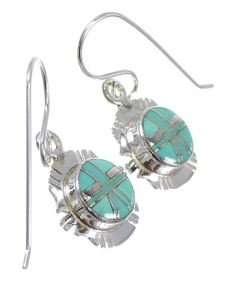 Southwestern Turquoise Inlay Genuine Sterling Silver Hook Dangle Earrings RX78663