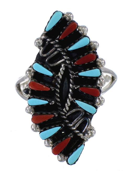 Turquoise And Coral Silver Needlepoint Southwest Ring Size 8-1/2 WX82075