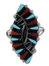 Turquoise And Coral Needlepoint Silver Southwest Ring Size 7-1/2 WX82068