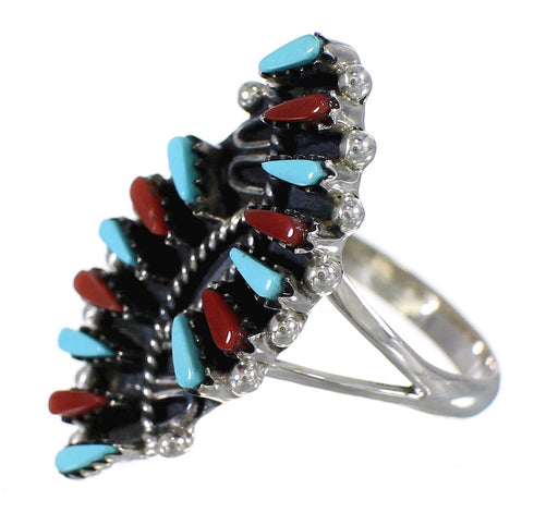 Turquoise And Coral Needlepoint Silver Southwestern Ring Size 8 WX82070