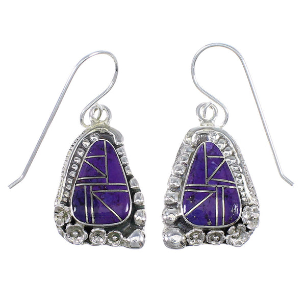 Authentic Sterling Silver Magenta Turquoise Flower Hook Dangle Earrings RX67300