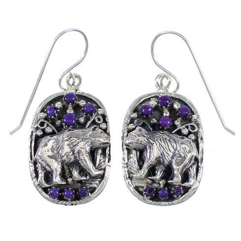 Magenta Turquoise And Sterling Silver Bear Southwest Hook Dangle Earrings WX67164