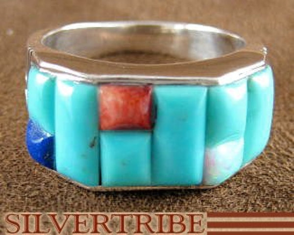 Turquoise Multicolor Inlay And Sterling Silver Ring Size 8-3/4 JS26071
