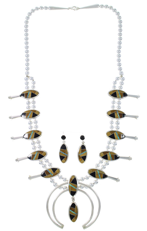 Sterling Silver Multicolor Inlay Southwest Squash Blossom Necklace Set RX94135