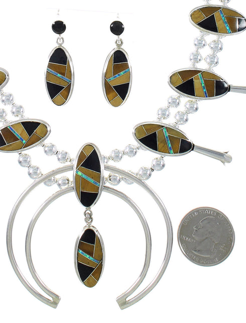Sterling Silver Multicolor Inlay Southwest Squash Blossom Necklace Set RX94135