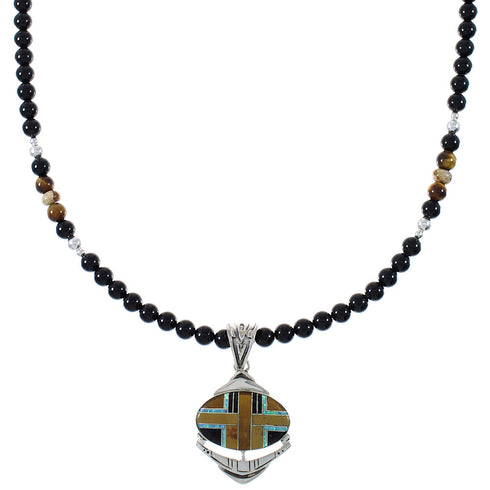 Multicolor Inlay Sterling Silver Southwest Bead Necklace Set RX94142