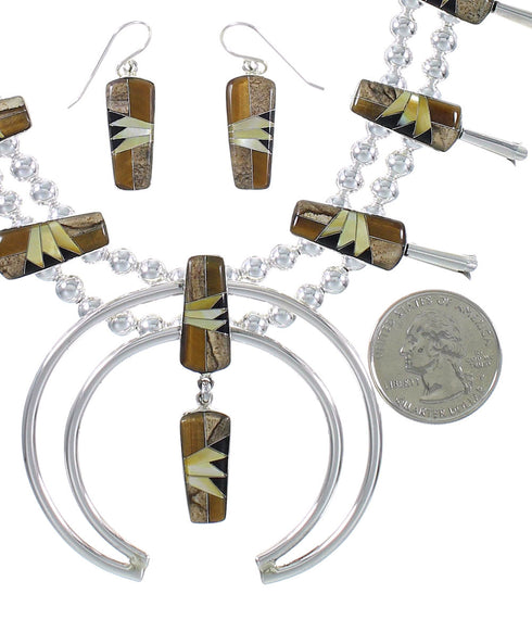 Sterling Silver Multicolor Inlay Squash Blossom Southwestern Necklace Set RX94250