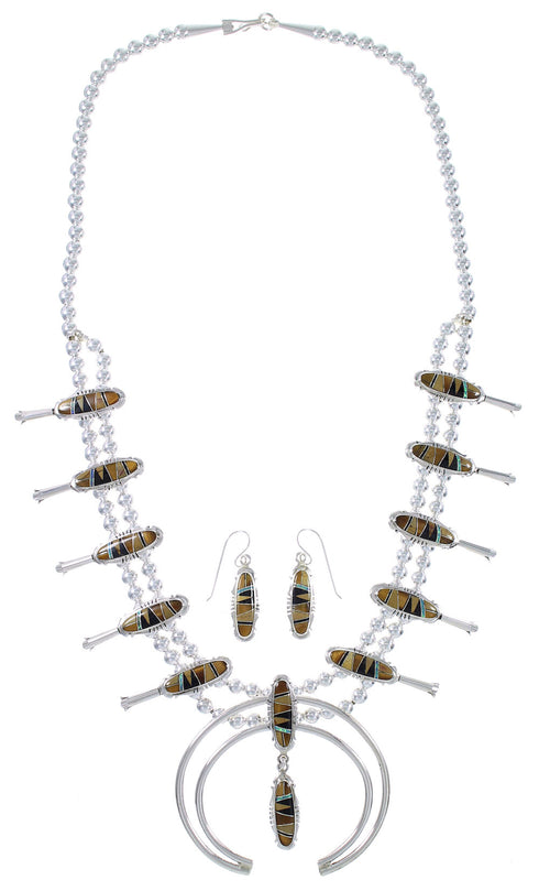 Multicolor Inlay Genuine Sterling Silver Southwest Squash Blossom Necklace Set RX94259