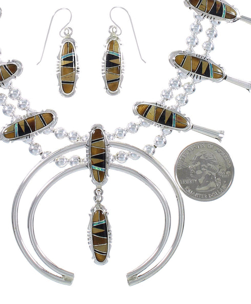 Multicolor Inlay Genuine Sterling Silver Southwest Squash Blossom Necklace Set RX94259