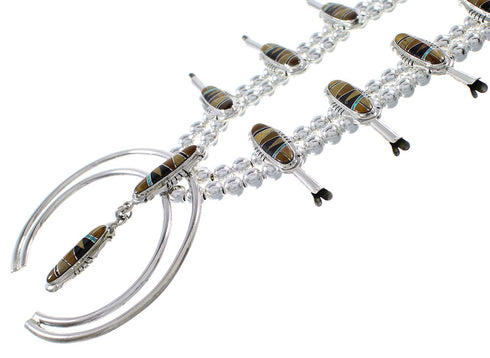Multicolor Inlay Genuine Sterling Silver Southwest Squash Blossom Necklace Set RX94259