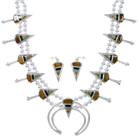 Multicolor Inlay Arrowhead And Water Wave Silver Squash Blossom Necklace Set AX94363